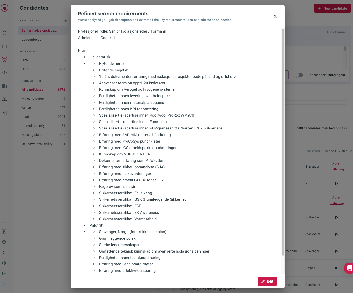 Deep search refined requirements dialog