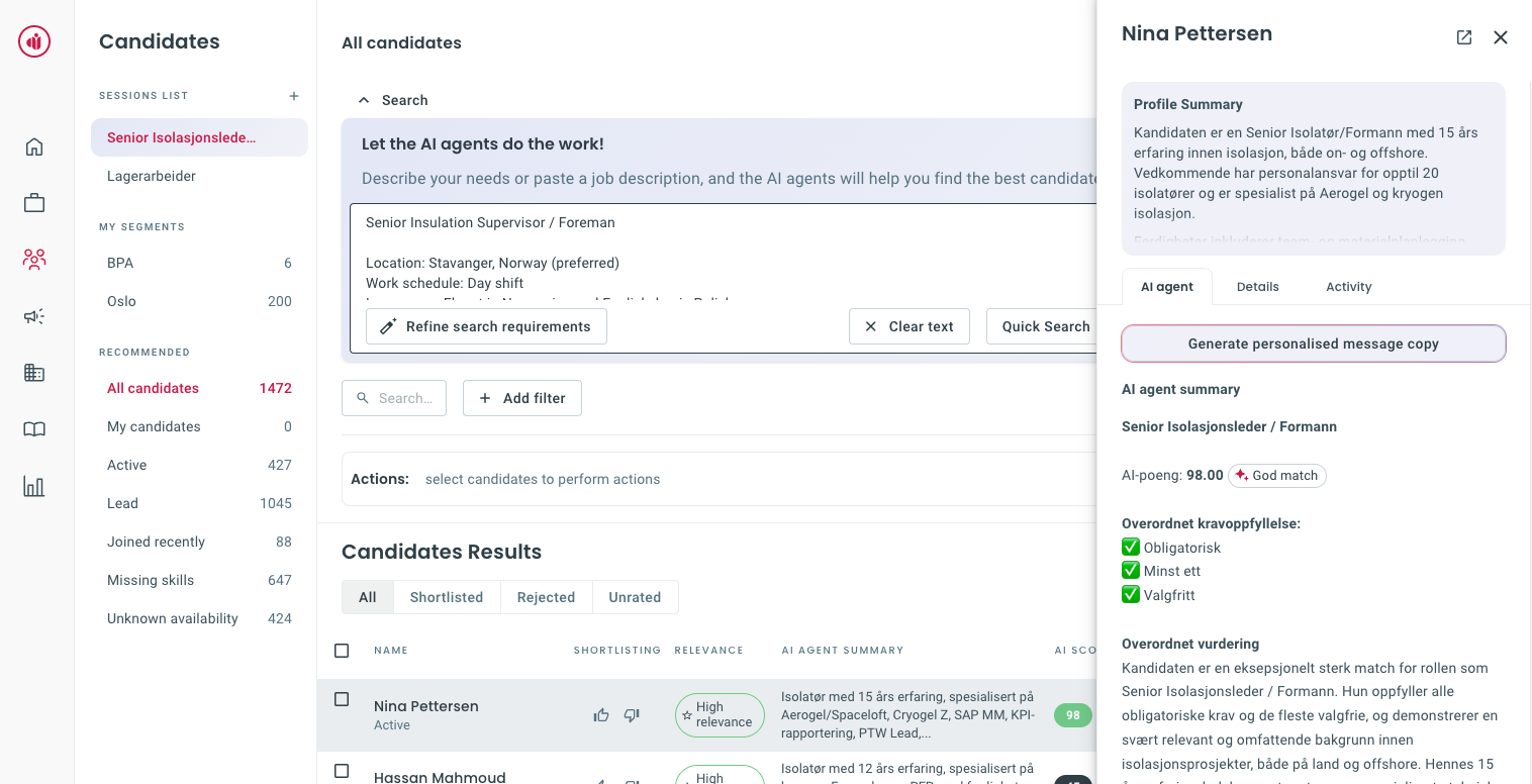 Shortlisting agent with ranked candidates