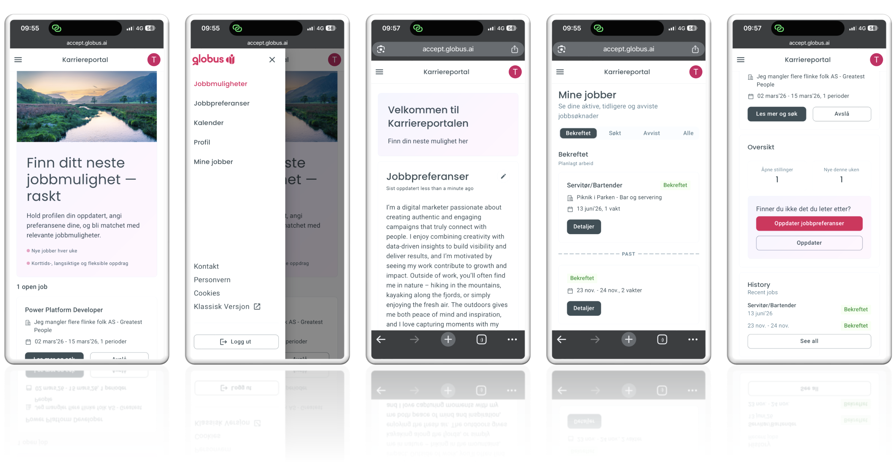 The redesigned candidate portal across 5 mobile screens