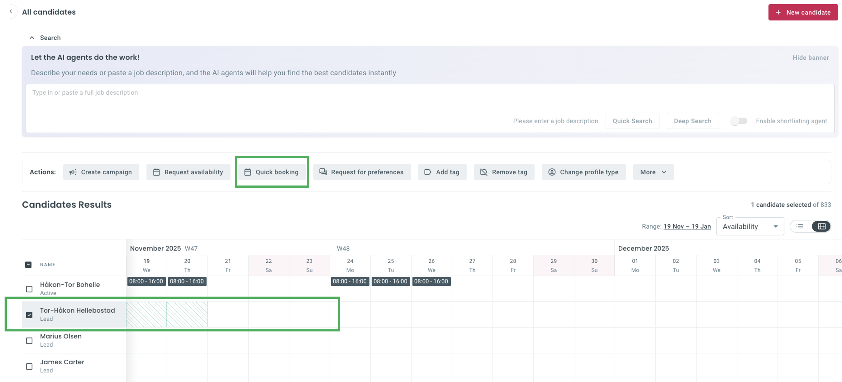 Quick booking button and highlighted availability in the calendar