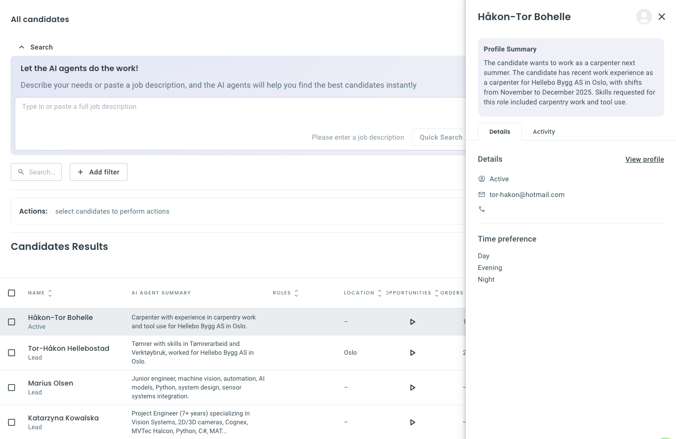 Side panel showing a candidate profile summary next to the candidate results list