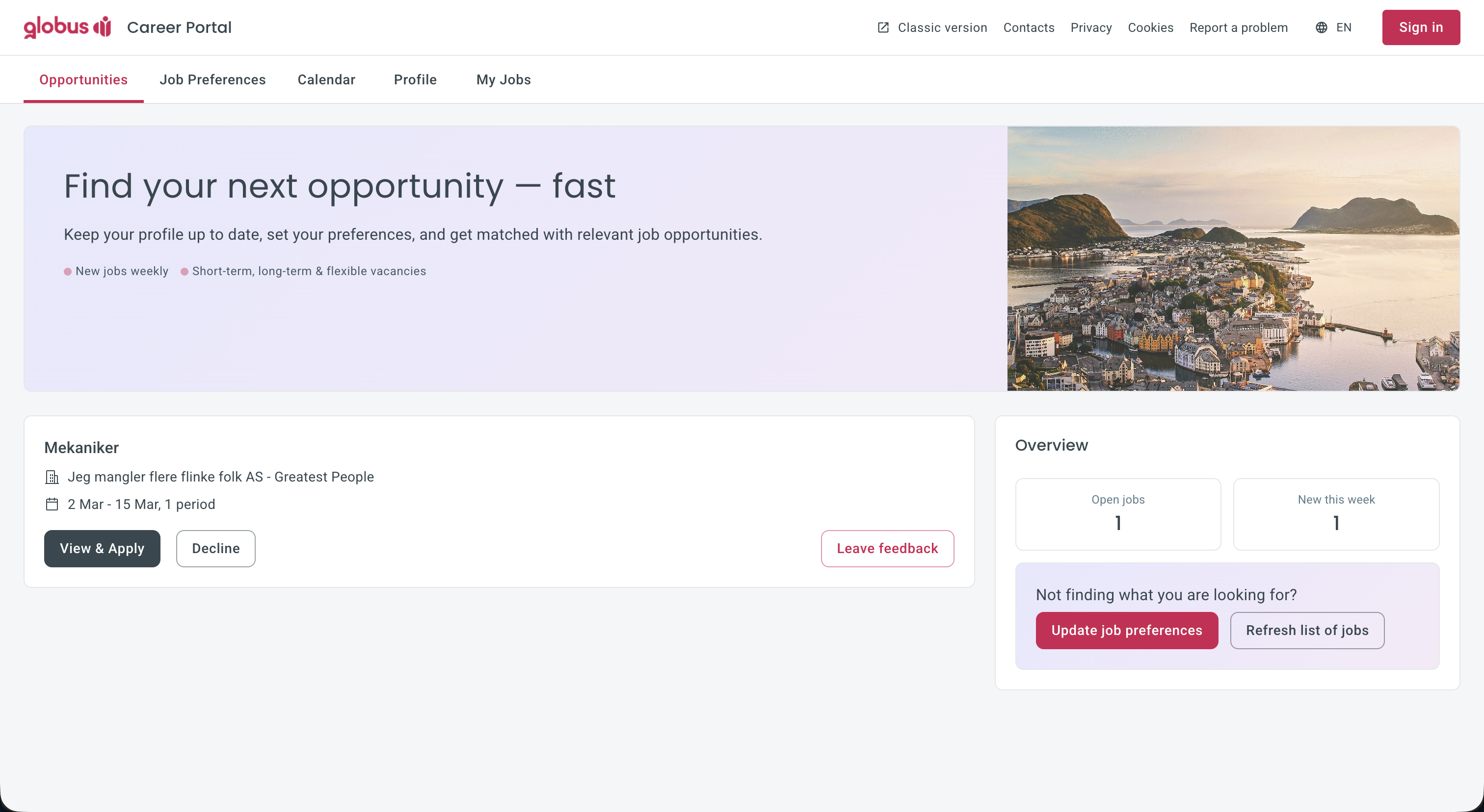 Candidate portal desktop view
