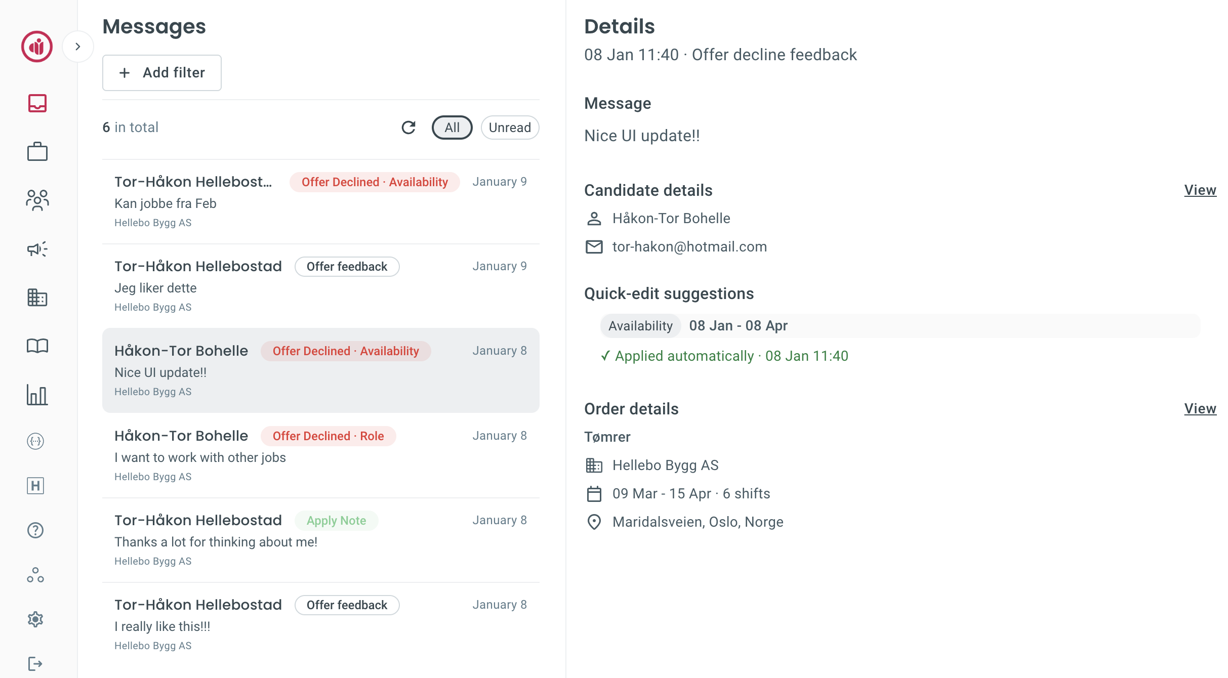 Recruiter feedback inbox