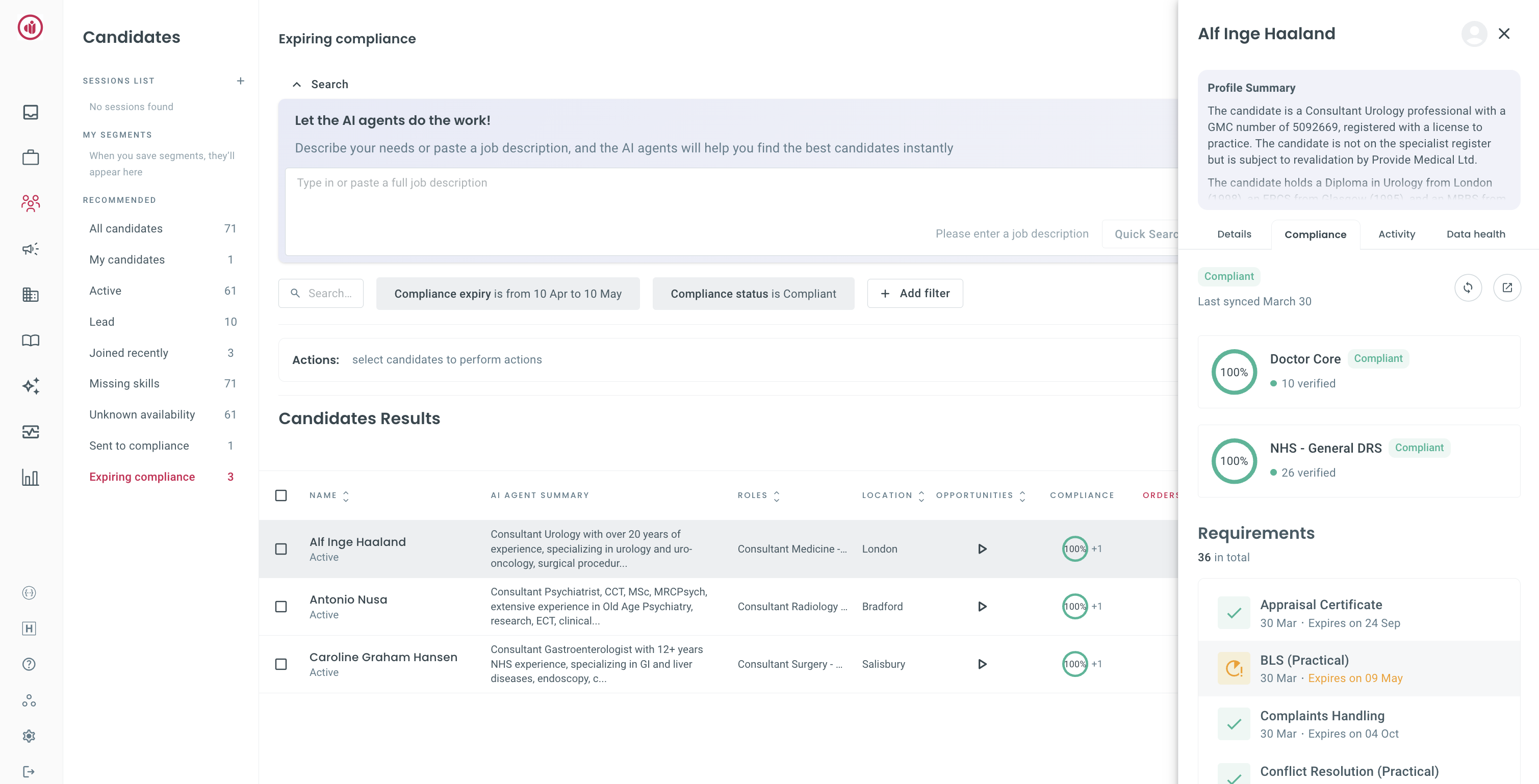 Expiring compliance segment showing candidates with documents about to expire