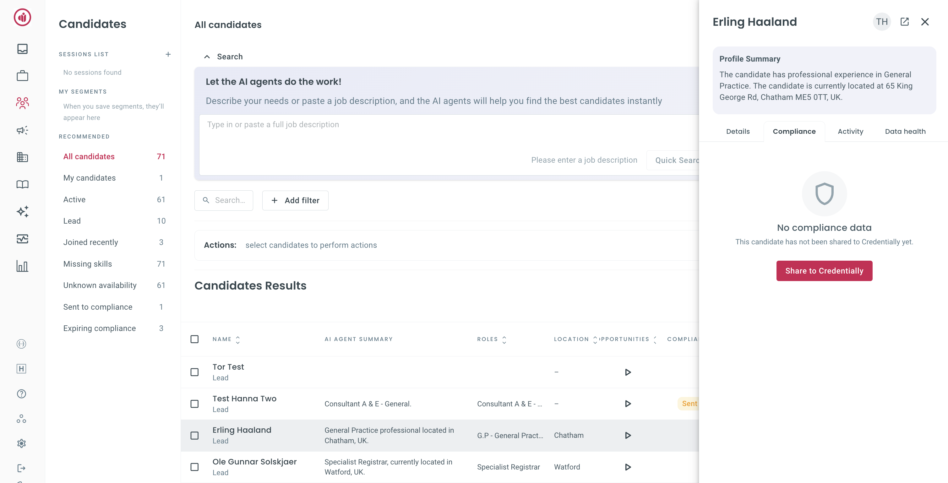 Candidate profile showing Share to Credentially button and empty compliance state