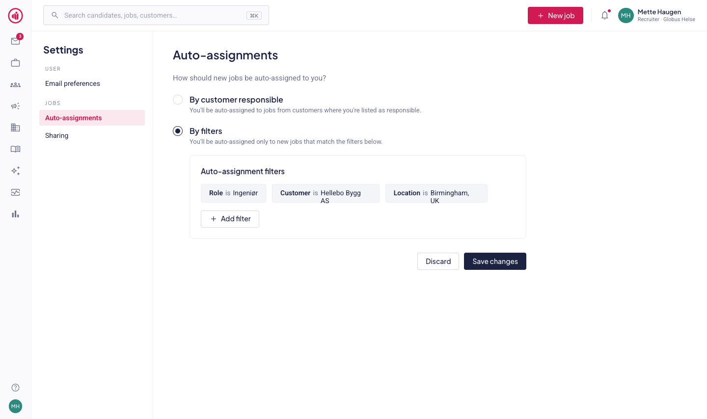 Auto-assignment settings with filters for role, customer and location