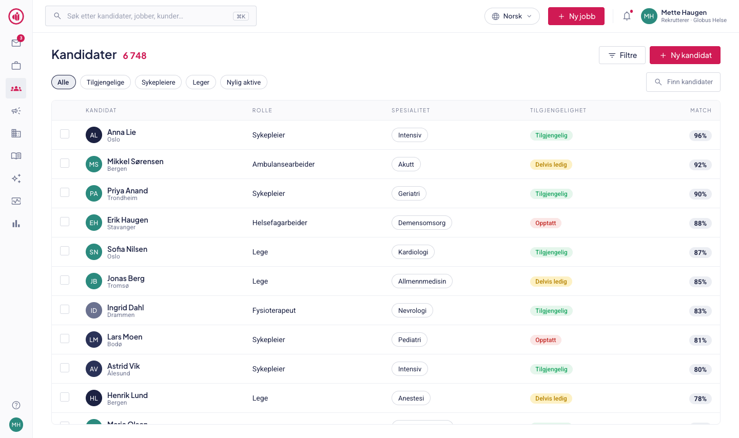 The recruiter interface in Norwegian