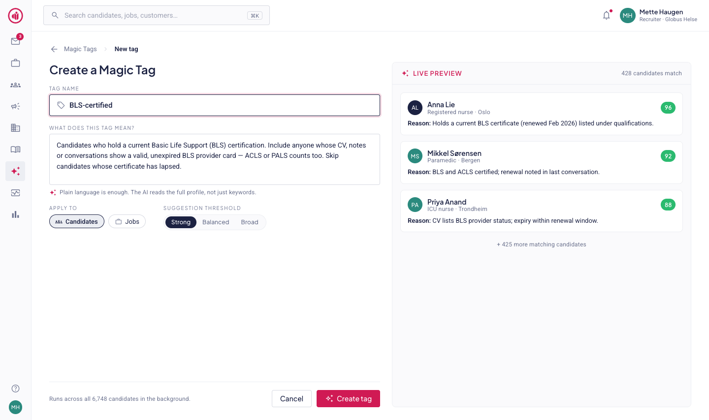 Creating a Magic Tag from a plain-language description, with a live preview of matches
