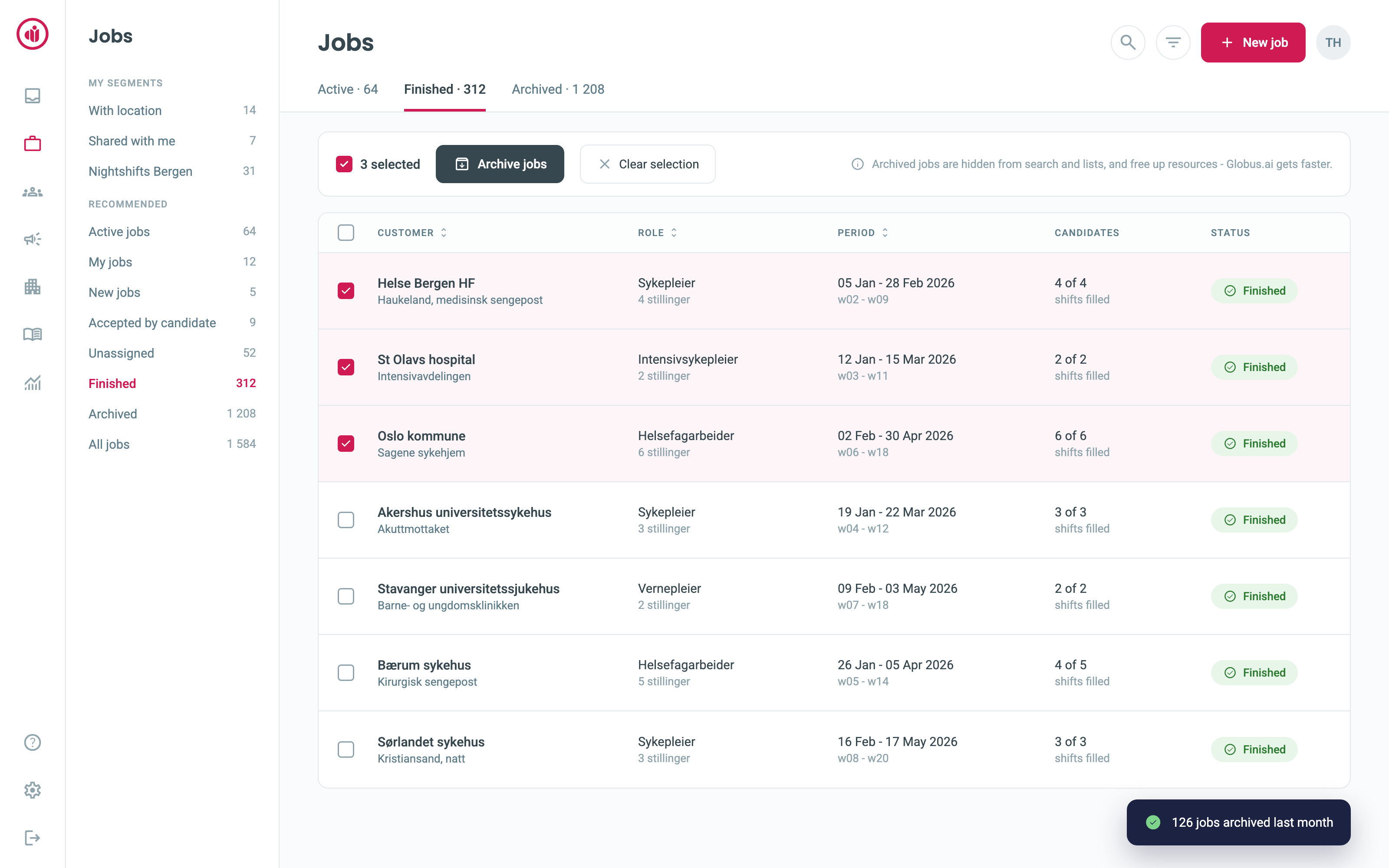 The job list with the archive action and the archived filter