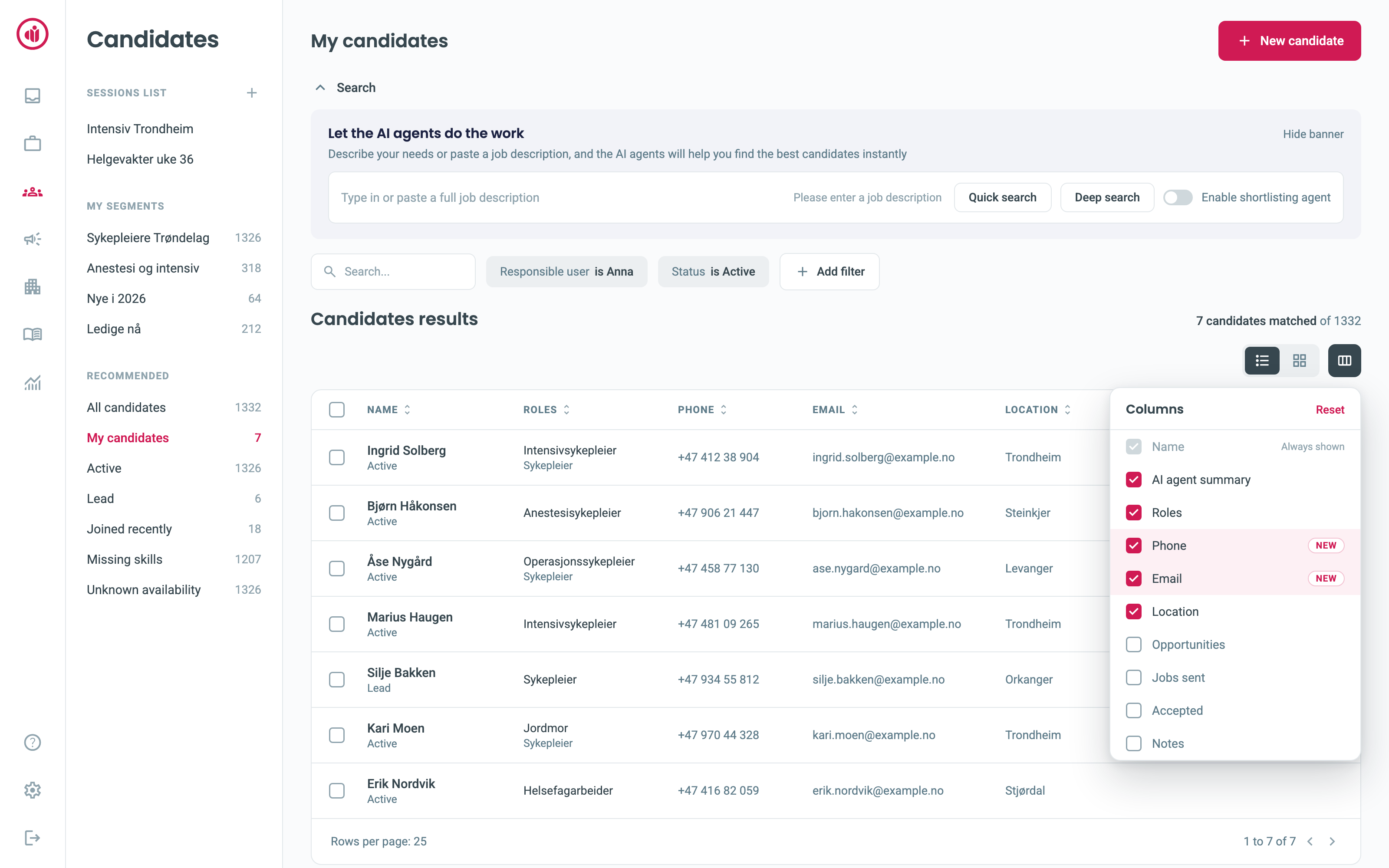 The candidate table with the column selector open and phone and email columns visible