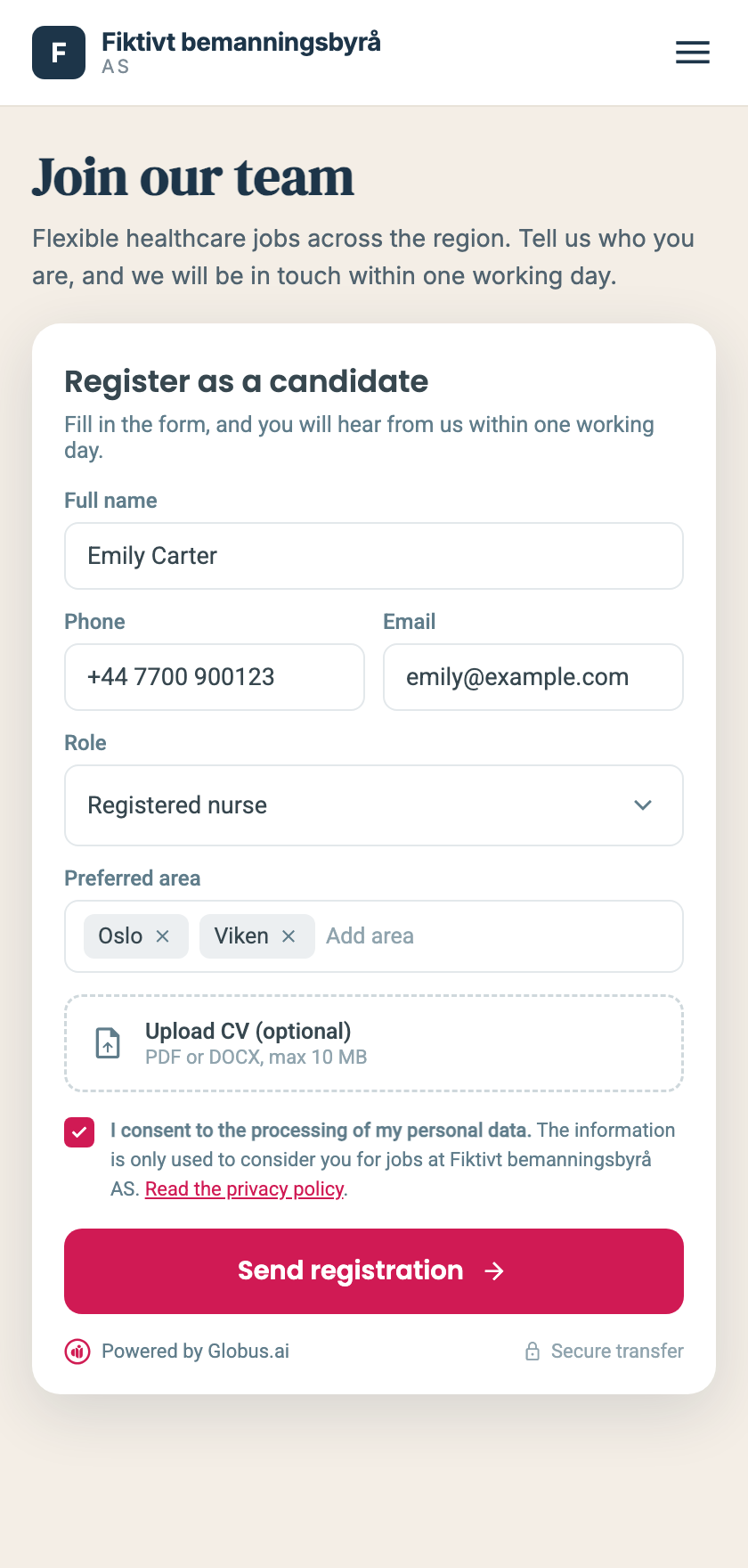 The intake widget on mobile, English version