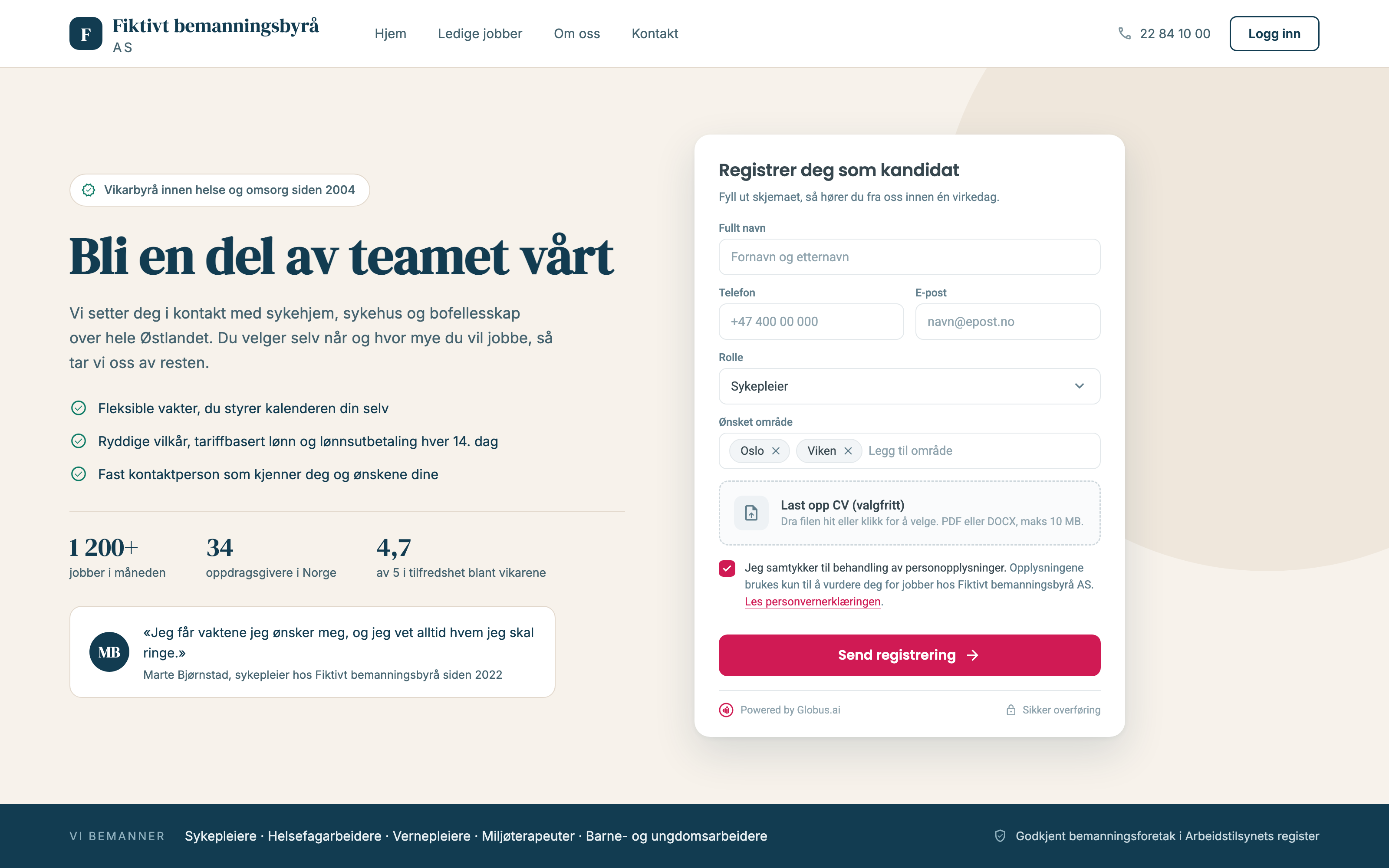 The Globus.ai intake widget embedded on an agency website, Norwegian version