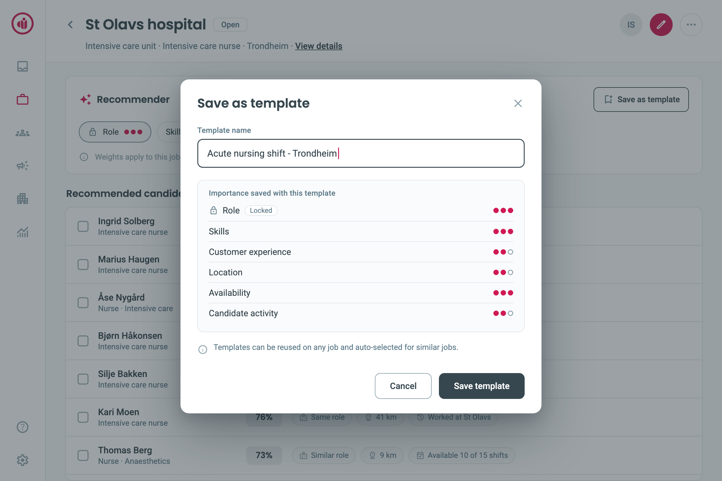 Ranked candidate list produced by the Recommender on a job