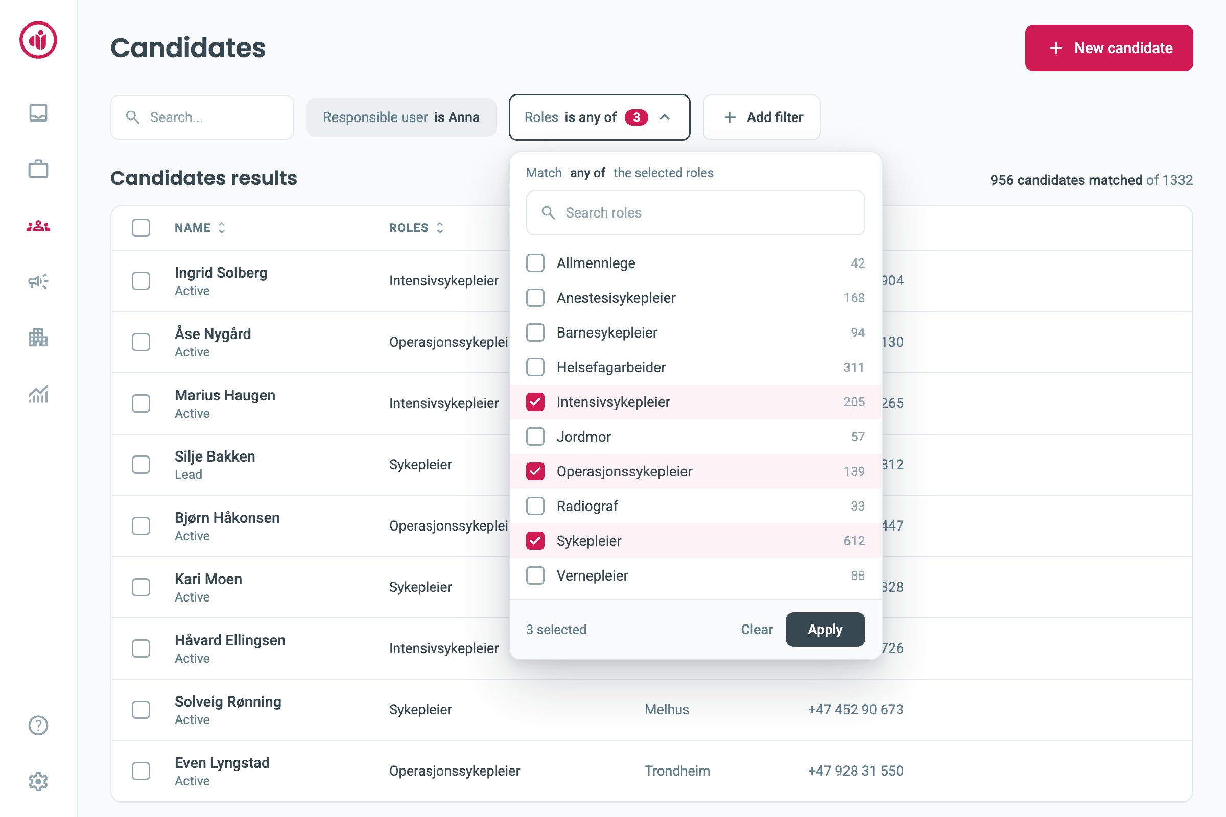 The roles filter open in multi-select mode with three roles ticked