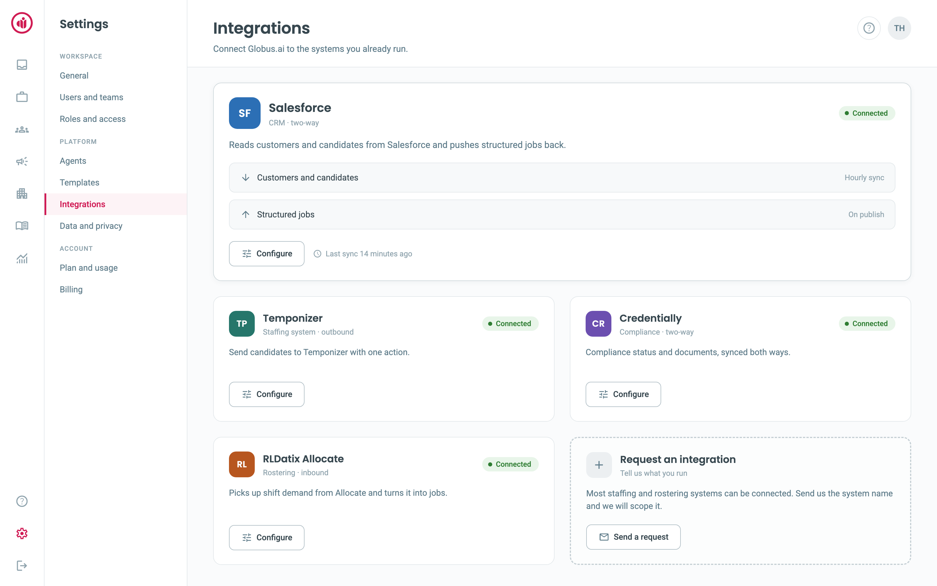 Salesforce integration settings in Globus.ai with a job pushed back to Salesforce
