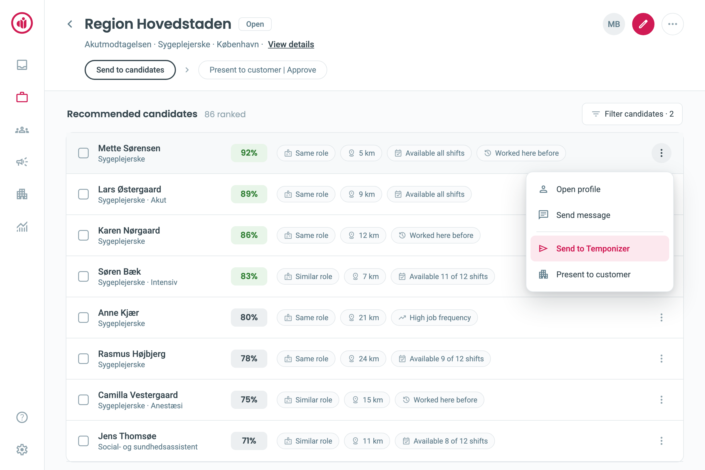 The send to Temponizer action on a candidate in Globus.ai