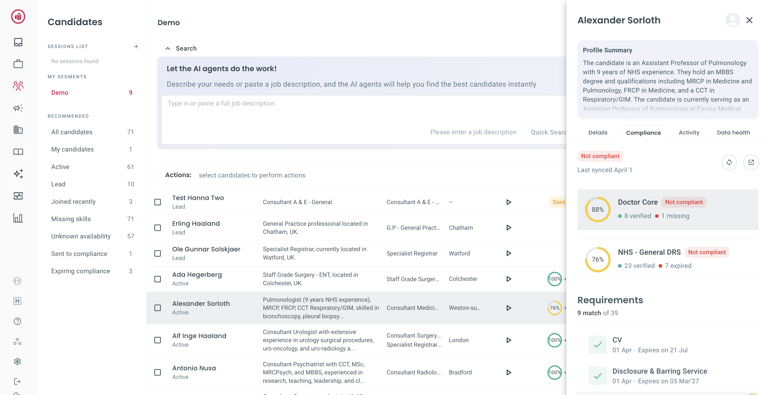 Candidate list with compliance tab showing packages and requirements