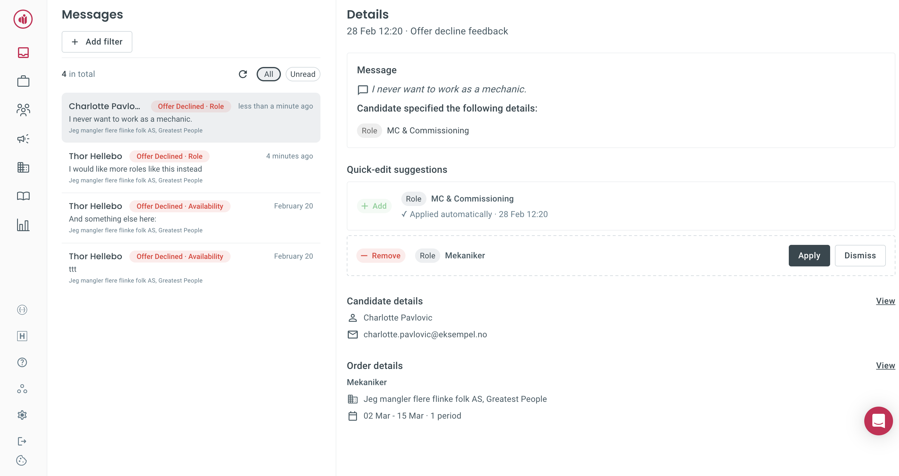 Recruiter feedback inbox with auto-applied suggestions