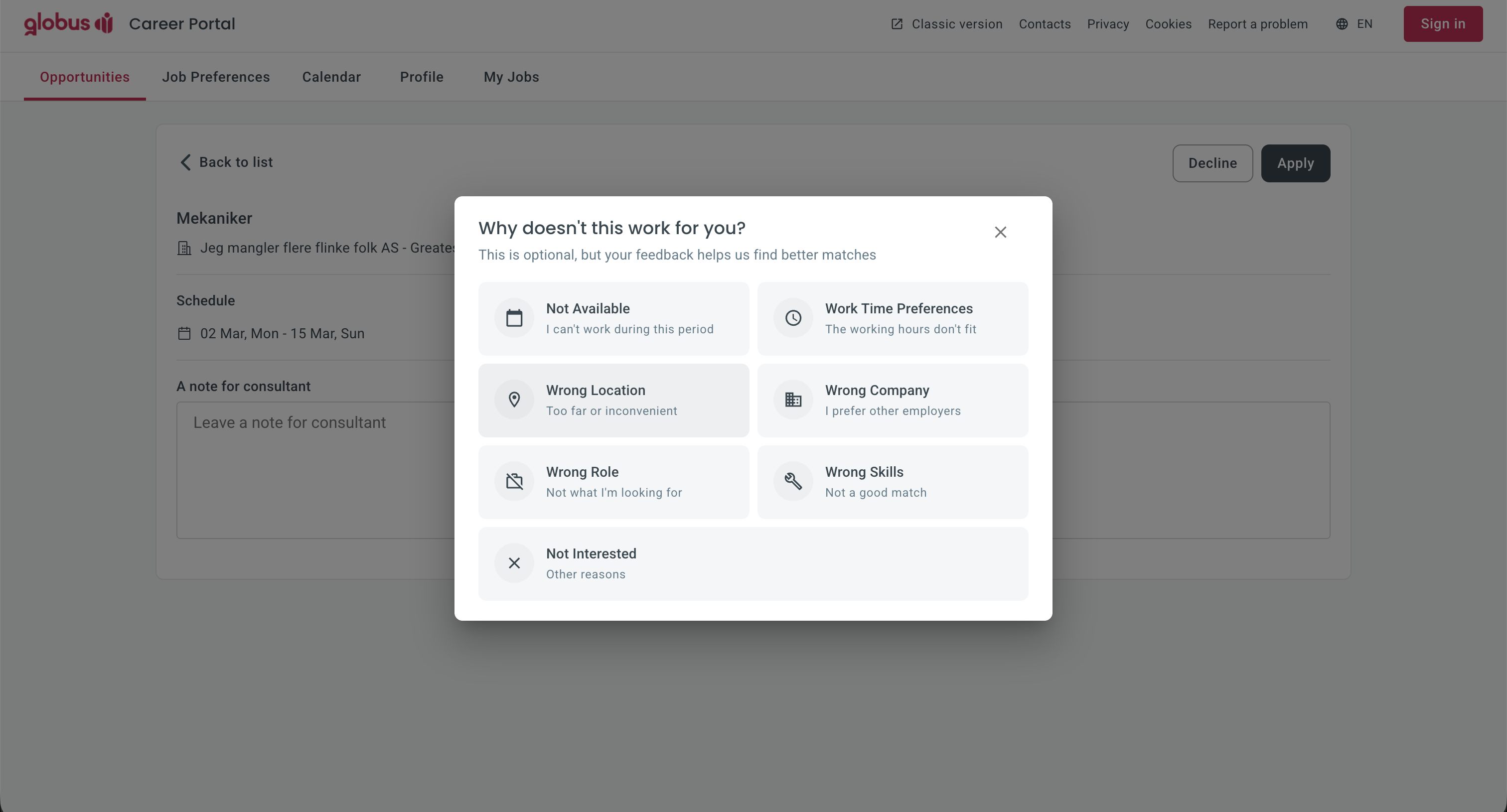Candidate feedback preferences interface