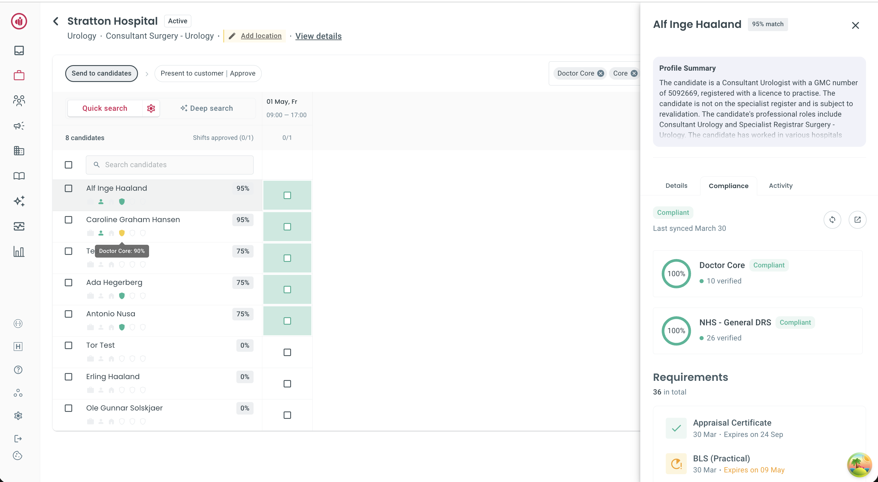 Order viewer with compliance shields showing green, yellow, and grey status per candidate