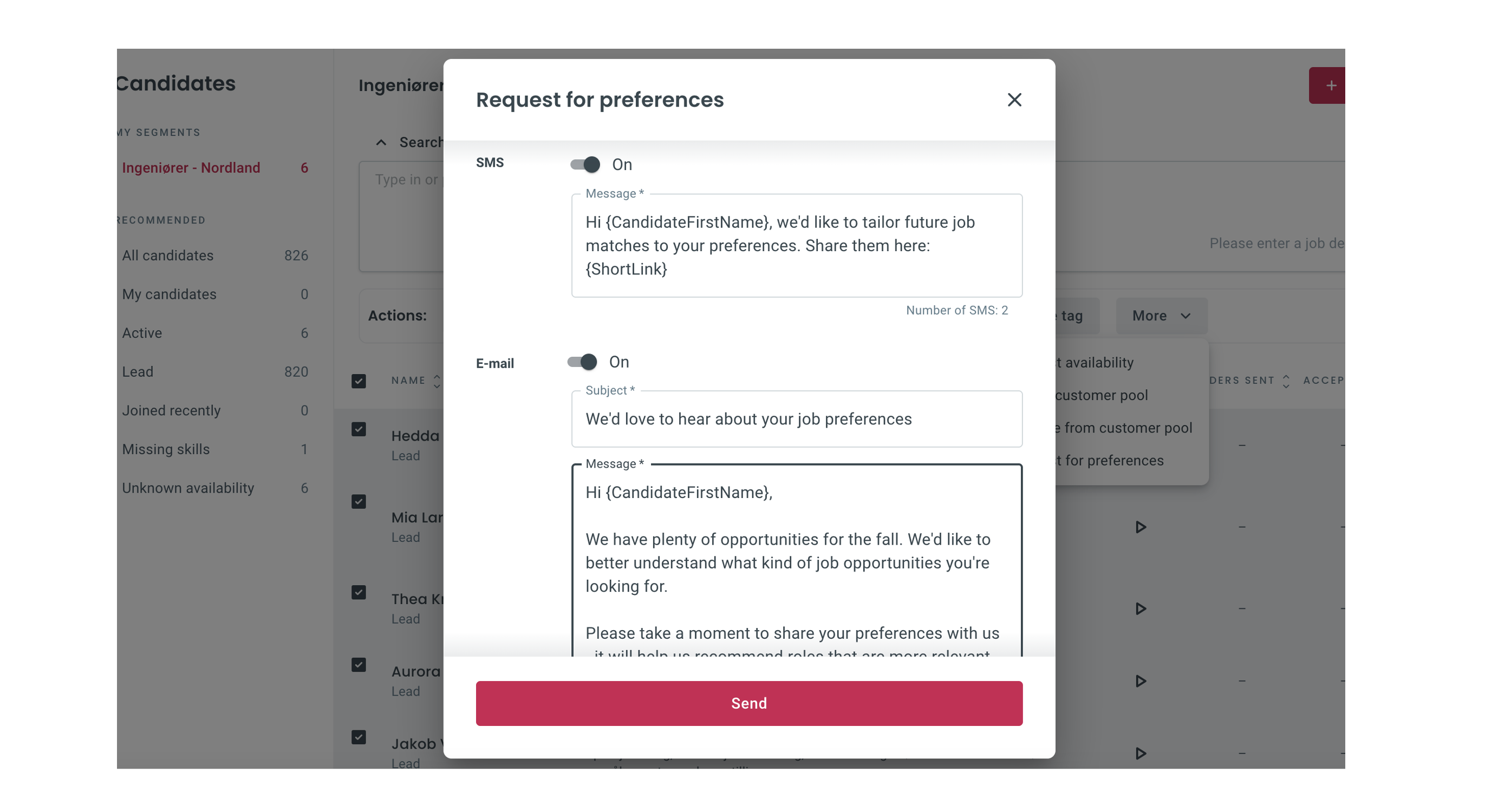 Send preferences request via SMS and email